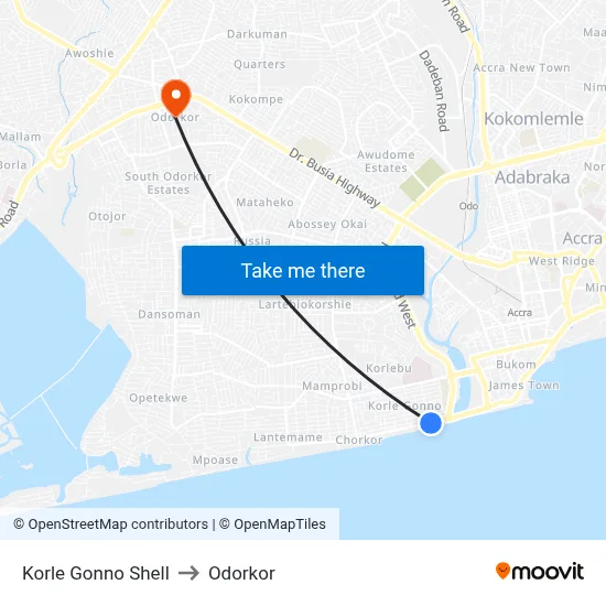Korle Gonno Shell to Odorkor map