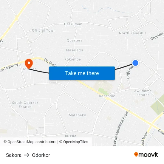 Sakora to Odorkor map