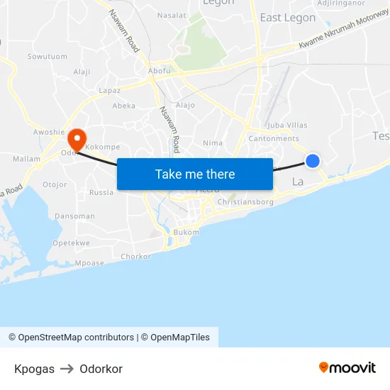Kpogas to Odorkor map