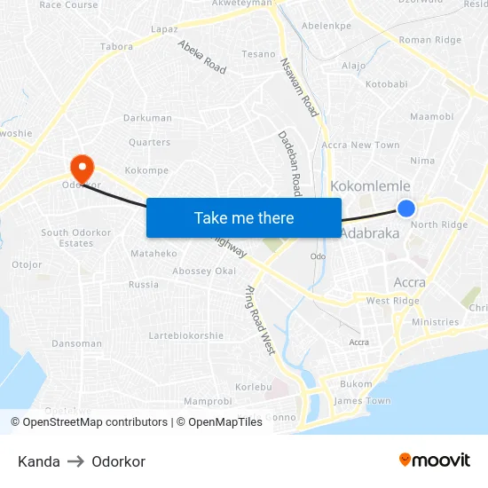 Kanda to Odorkor map