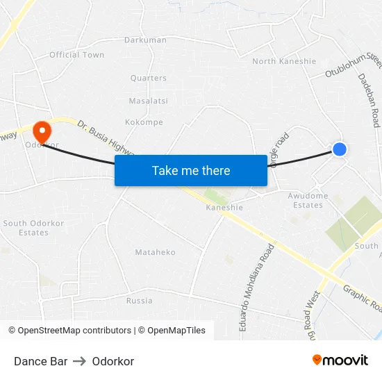 Dance Bar to Odorkor map