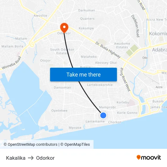 Kakalika to Odorkor map