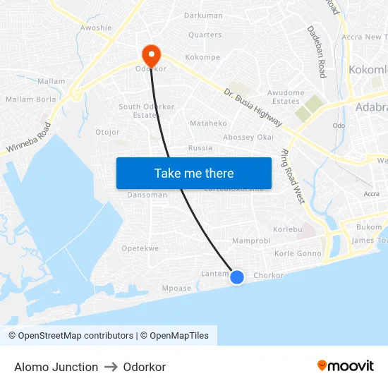 Alomo Junction to Odorkor map