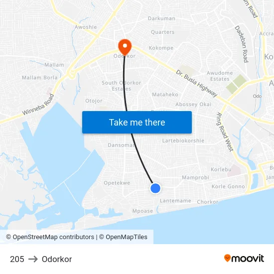 205 to Odorkor map
