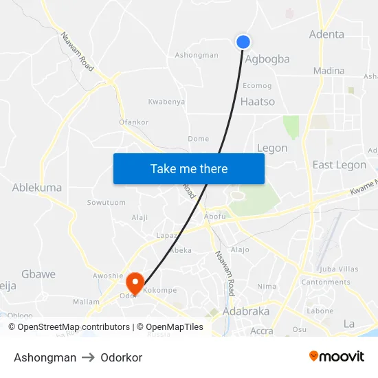 Ashongman to Odorkor map
