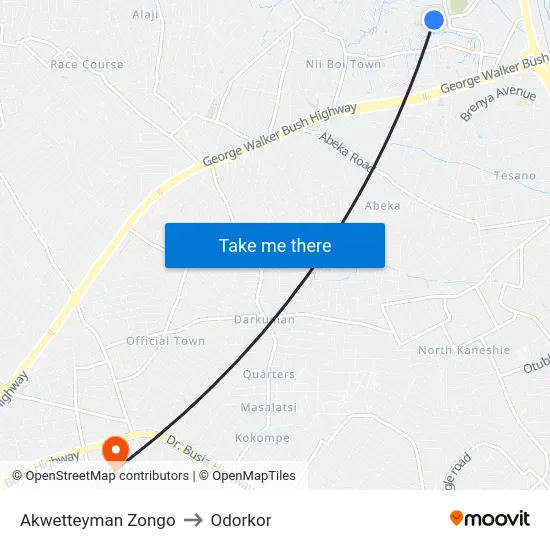 Akwetteyman Zongo to Odorkor map