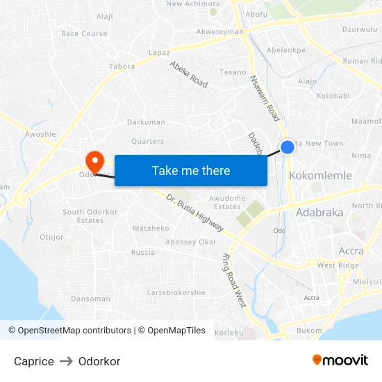 Caprice to Odorkor map