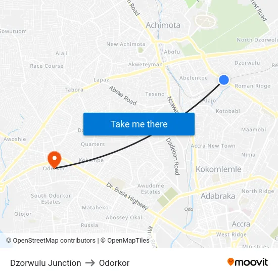 Dzorwulu Junction to Odorkor map