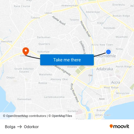 Bolga to Odorkor map