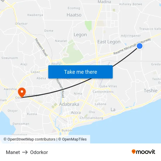 Manet to Odorkor map