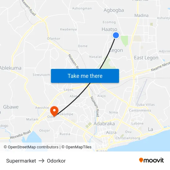 Supermarket to Odorkor map