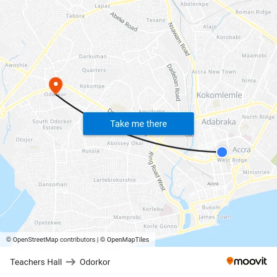 Teachers Hall to Odorkor map