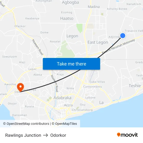 Rawlings Junction to Odorkor map
