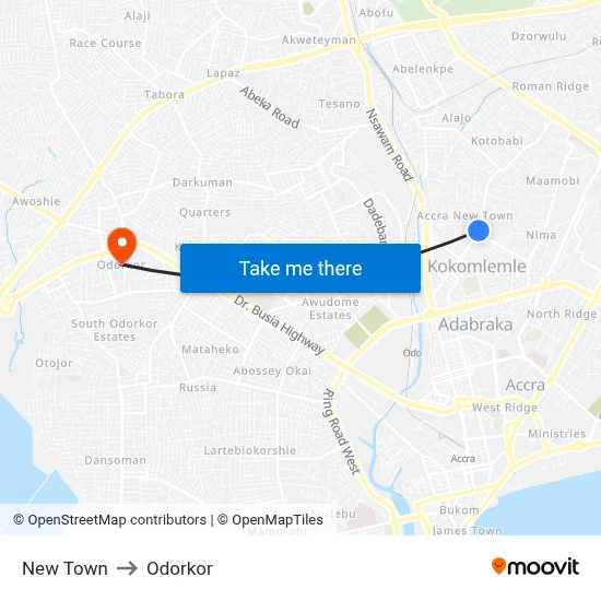 New Town to Odorkor map