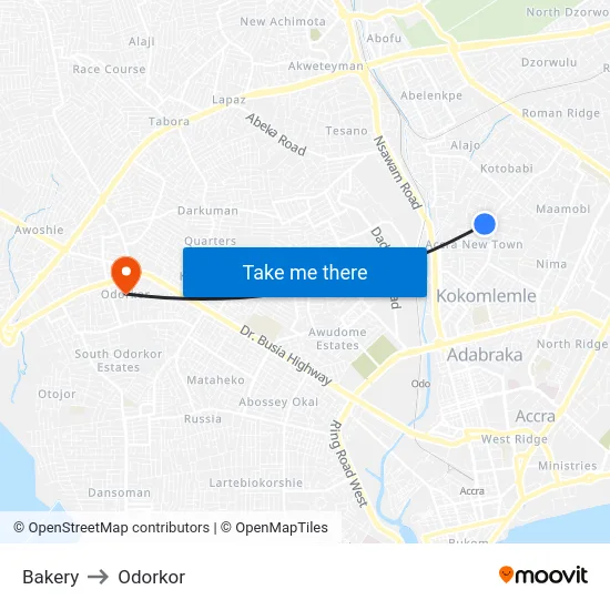 Bakery to Odorkor map