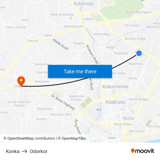 Konka to Odorkor map