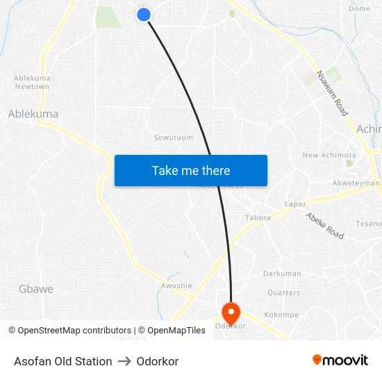 Asofan Old Station to Odorkor map