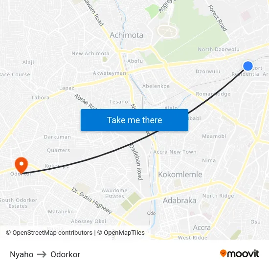 Nyaho to Odorkor map