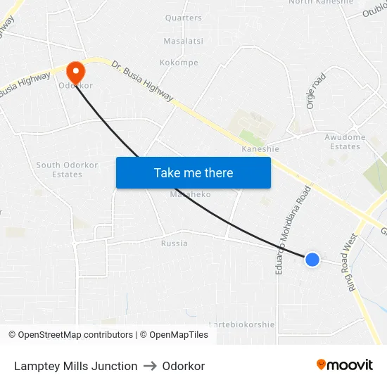 Lamptey Mills Junction to Odorkor map