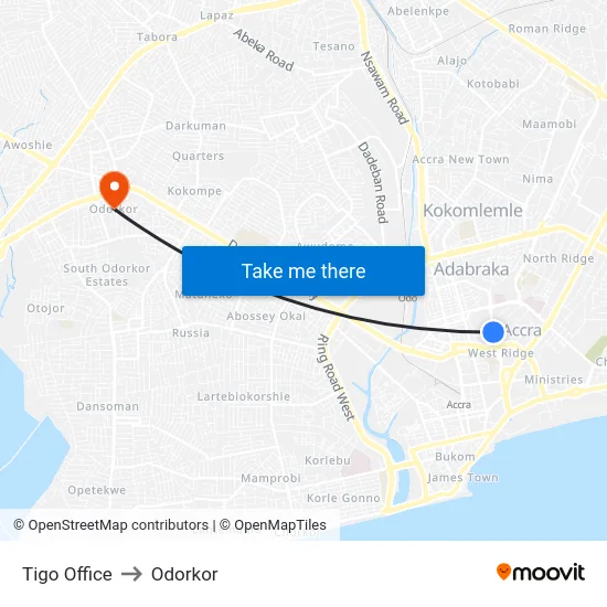 Tigo Office to Odorkor map
