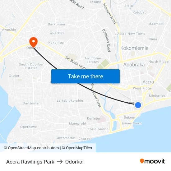 Accra Rawlings Park to Odorkor map