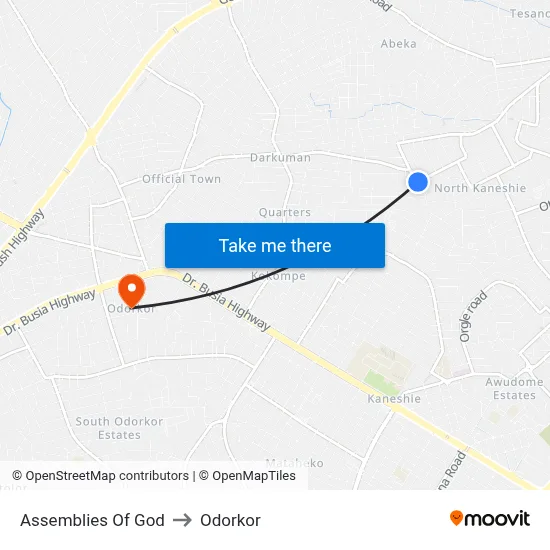 Assemblies Of God to Odorkor map
