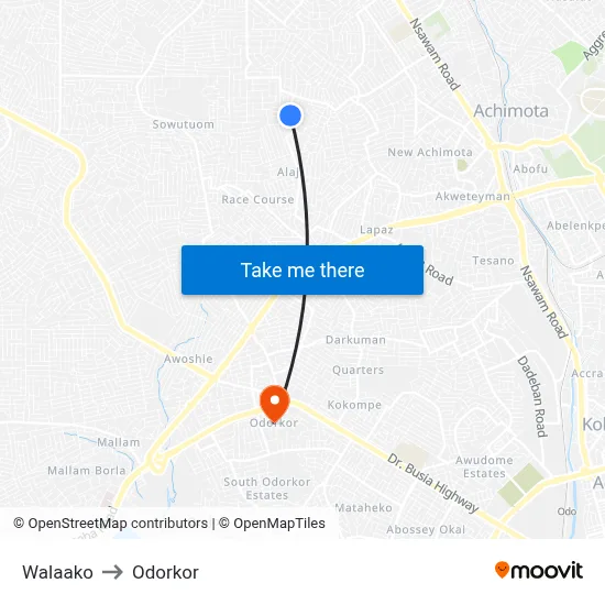 Walaako to Odorkor map
