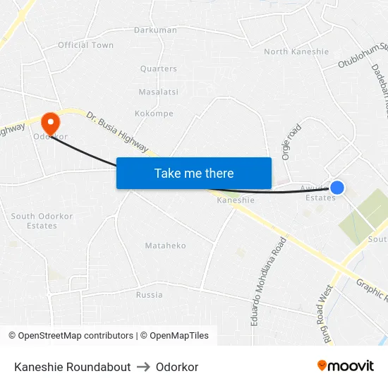 Kaneshie Roundabout to Odorkor map