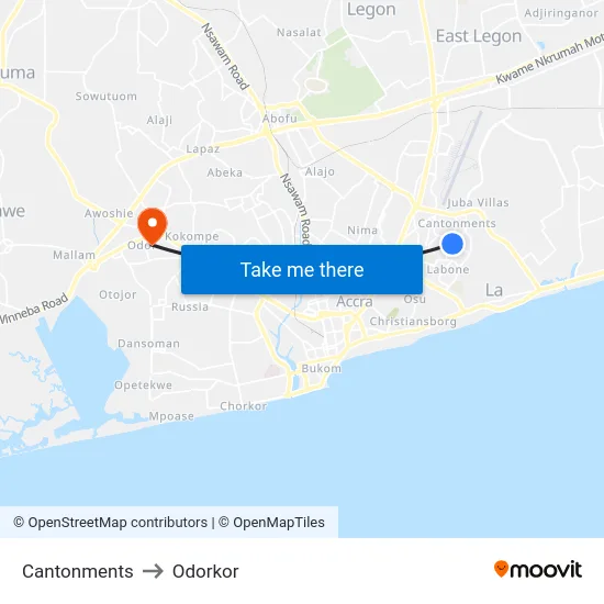 Cantonments to Odorkor map