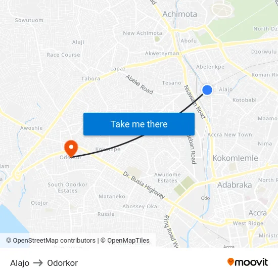 Alajo to Odorkor map