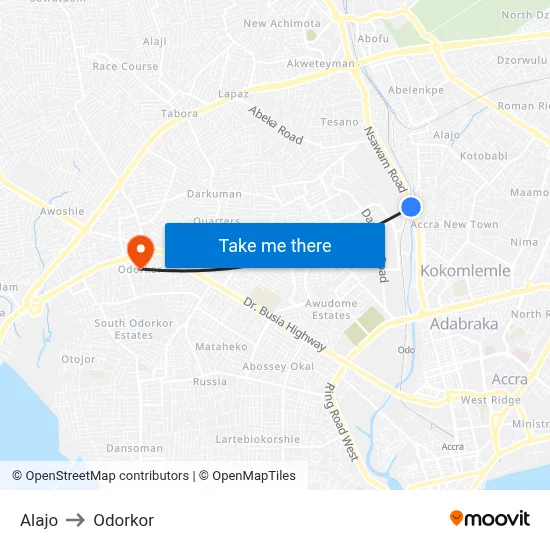 Alajo to Odorkor map