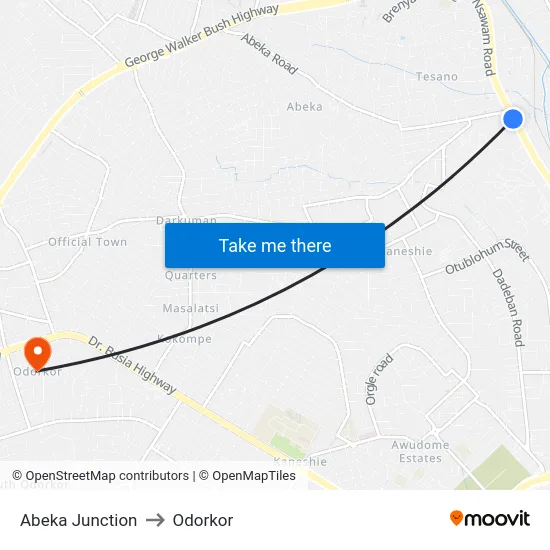 Abeka Junction to Odorkor map