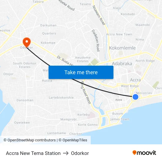 Accra New Tema Station to Odorkor map