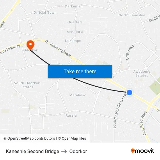 Kaneshie Second Bridge to Odorkor map