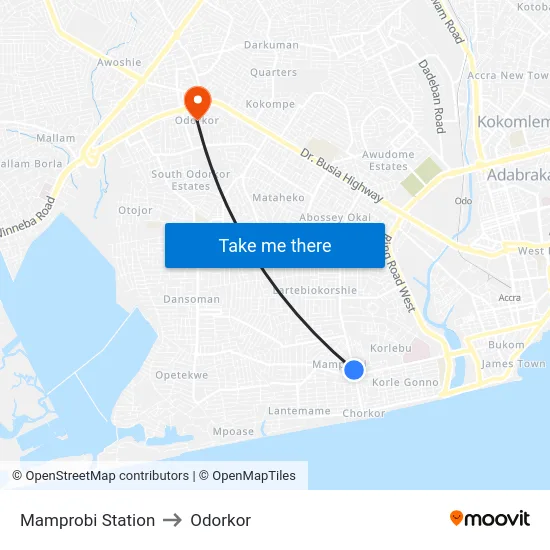 Mamprobi Station to Odorkor map