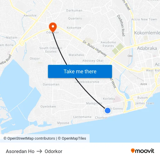 Asoredan Ho to Odorkor map