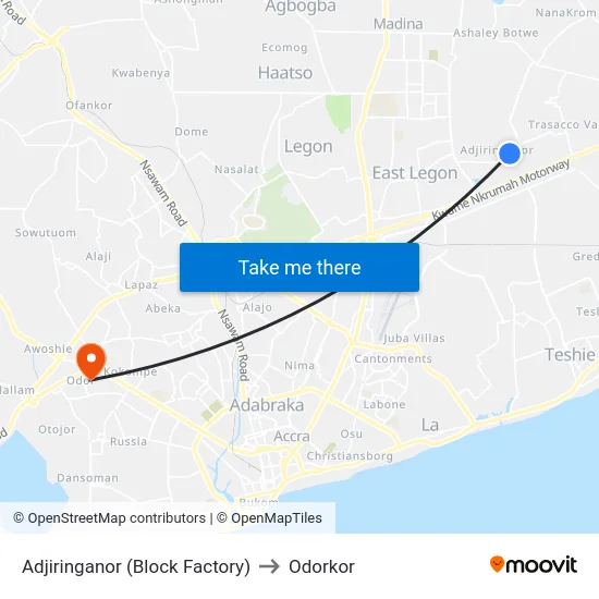 Adjiringanor (Block Factory) to Odorkor map