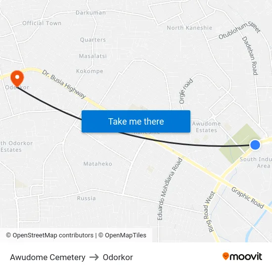 Awudome Cemetery to Odorkor map