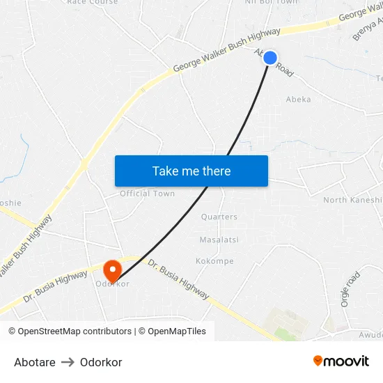 Abotare to Odorkor map