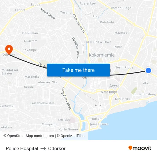Police Hospital to Odorkor map