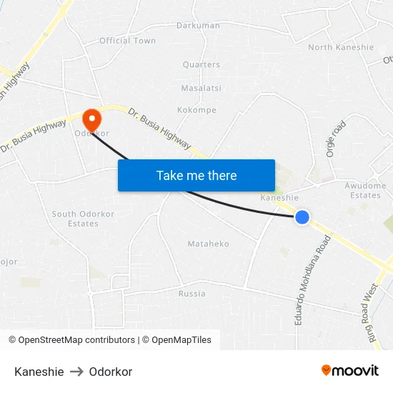 Kaneshie to Odorkor map