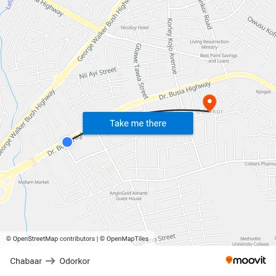 Chabaar to Odorkor map