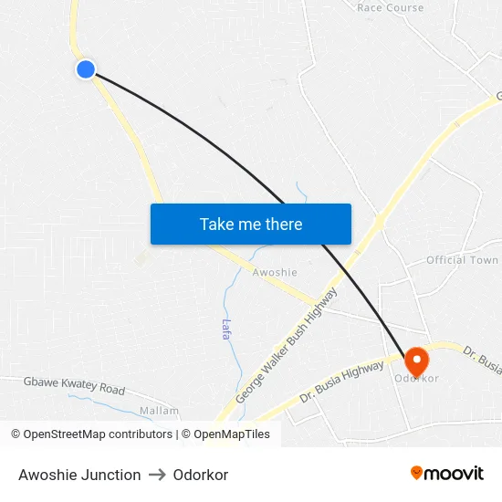 Awoshie Junction to Odorkor map