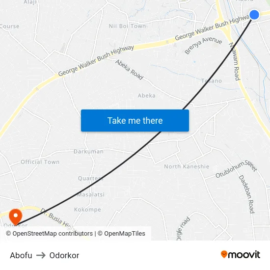 Abofu to Odorkor map