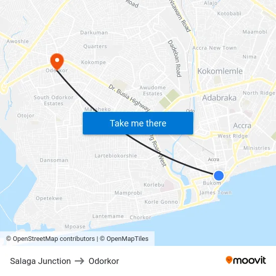 Salaga Junction to Odorkor map