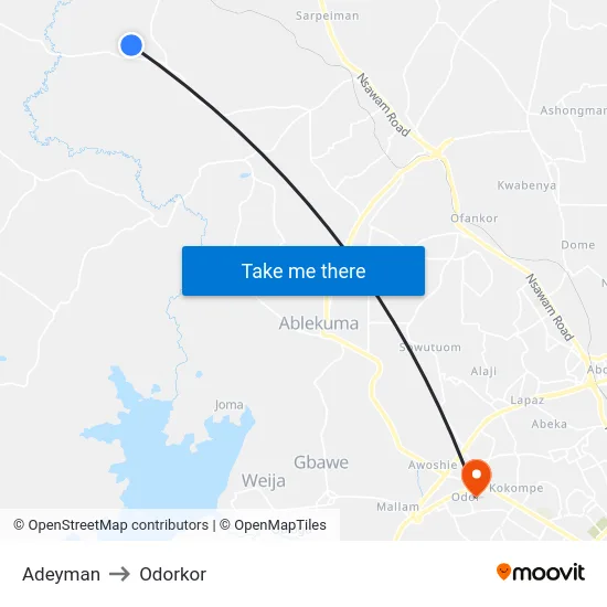 Adeyman to Odorkor map