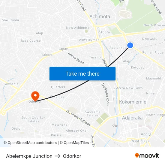Abelemkpe Junction to Odorkor map