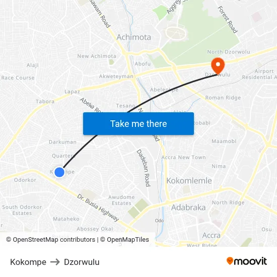 Kokompe to Dzorwulu map