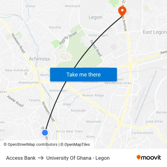 Access Bank to University Of Ghana - Legon map