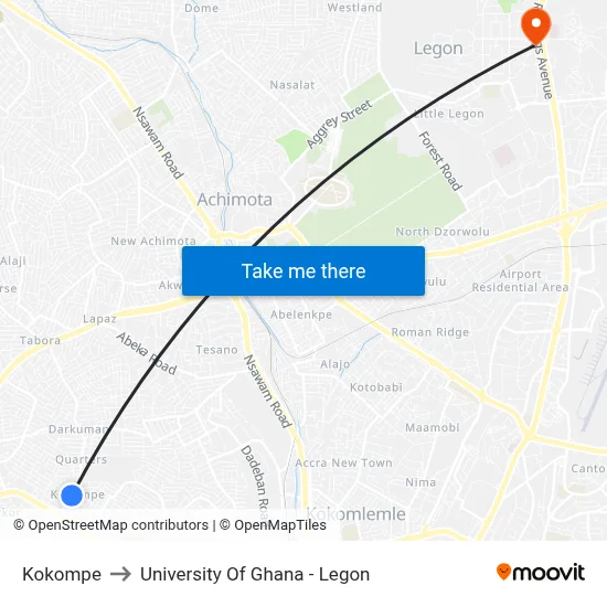 Kokompe to University Of Ghana - Legon map